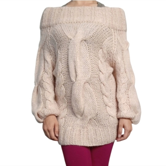 Vintage Pink Mohair Wool Off Shoulder Cable Knit M - Picture 4 of 4